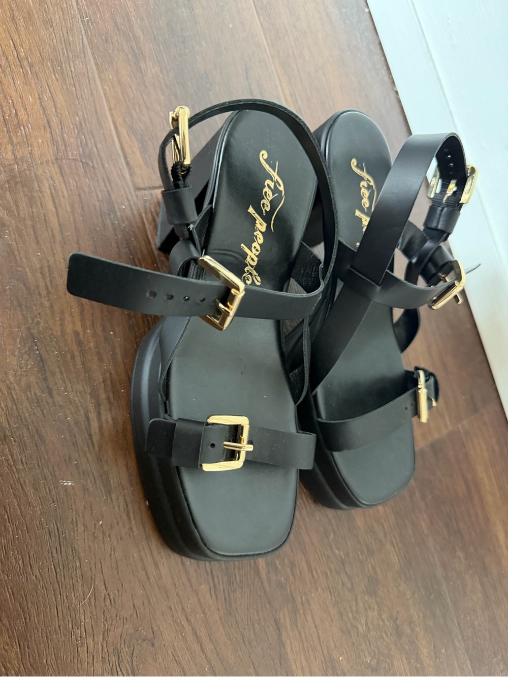 Free People Black Leather Platform Sandals with Gold Buckle Accent